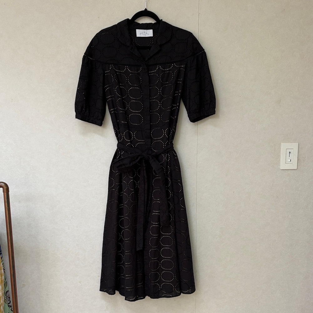 Black Eyelet Midi Shirt Dress with Self Tie by Pearl